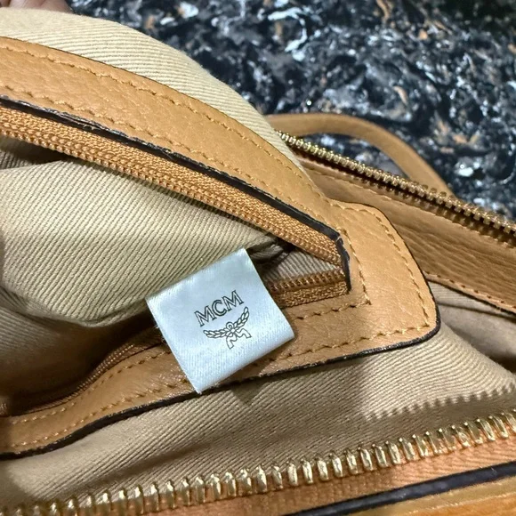 MCM Cognac Visetos Monogram Shoulder Bag with Gold Plaque - Picture 9 of 14